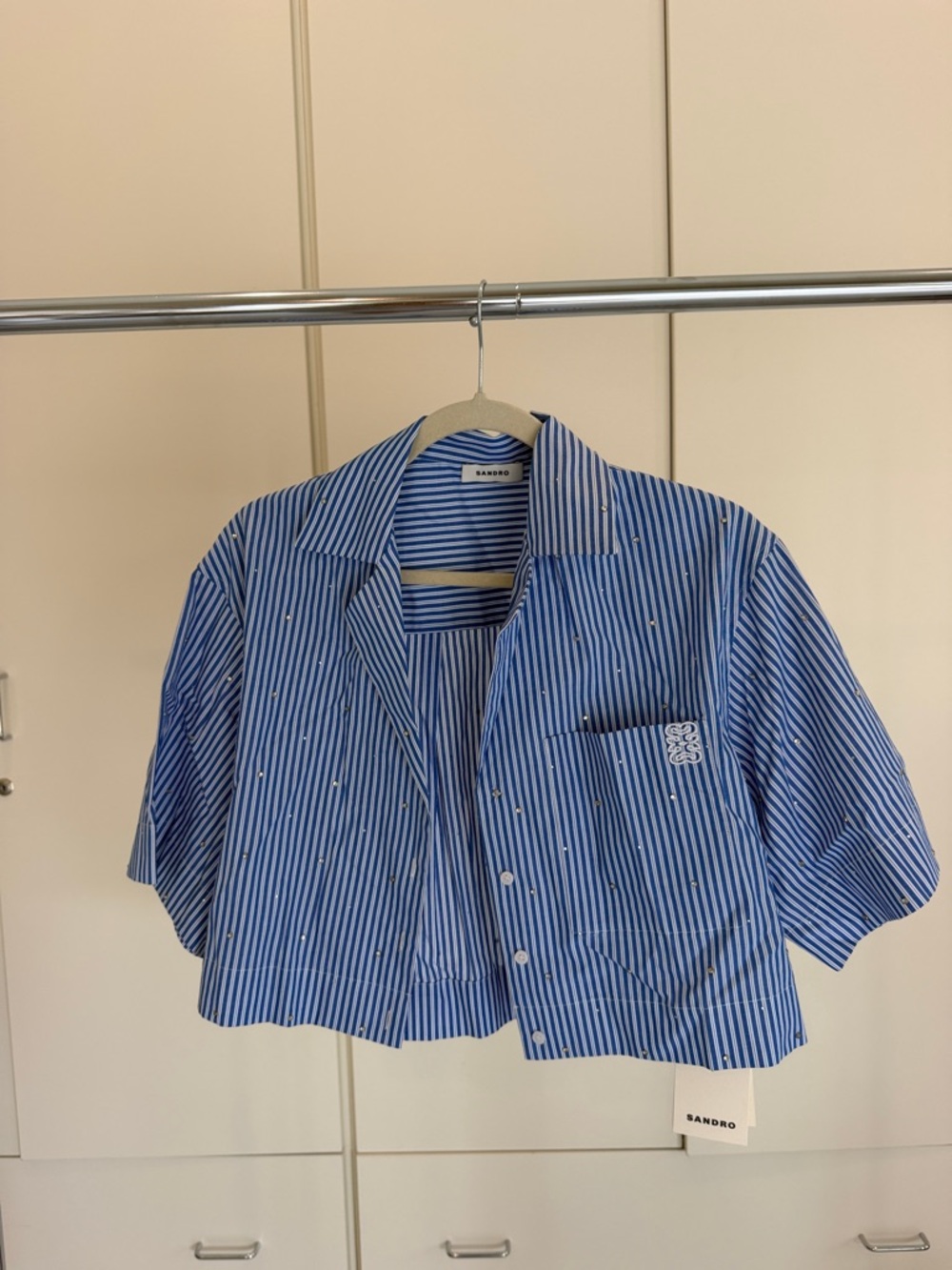 Sandro Blue & White Striped Short-Sleeve Button-Front Shirt